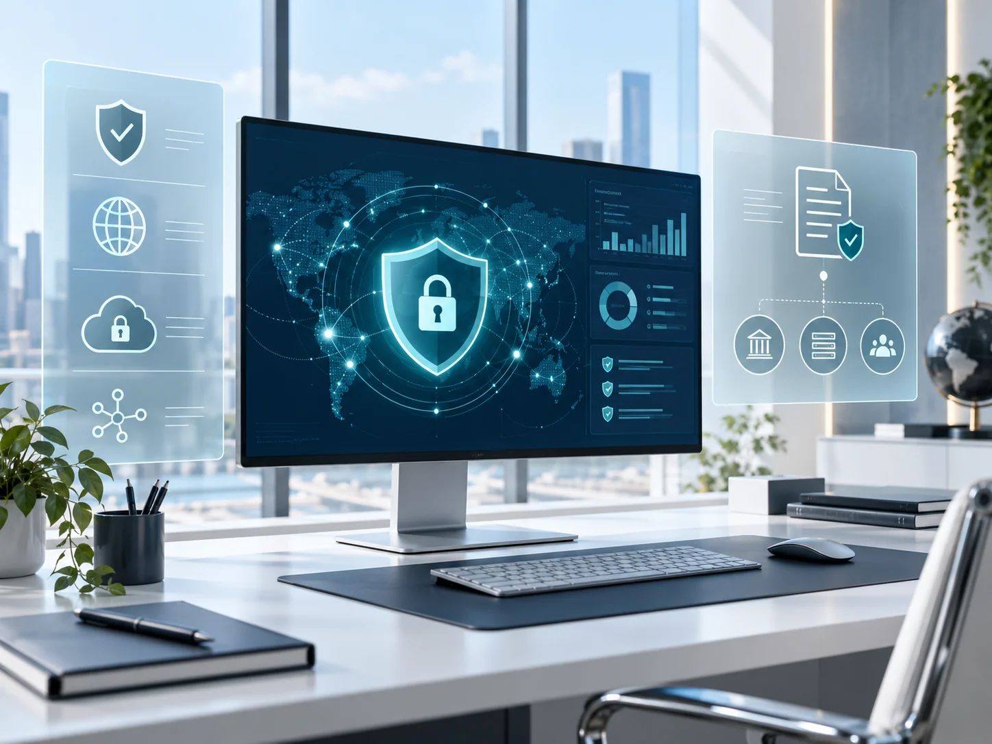 Cyber security dashboard with shield, lock and governance illustrations