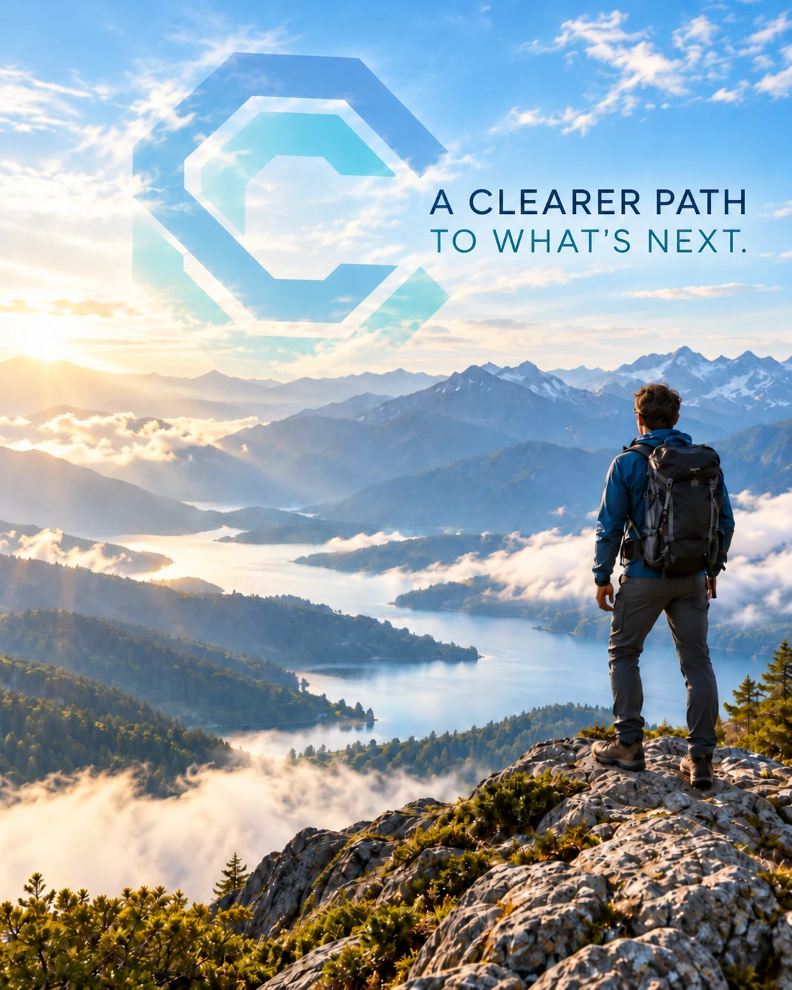 Cigma mark and the words A clearer path to what’s next, above a hiker overlooking a mountain lake.