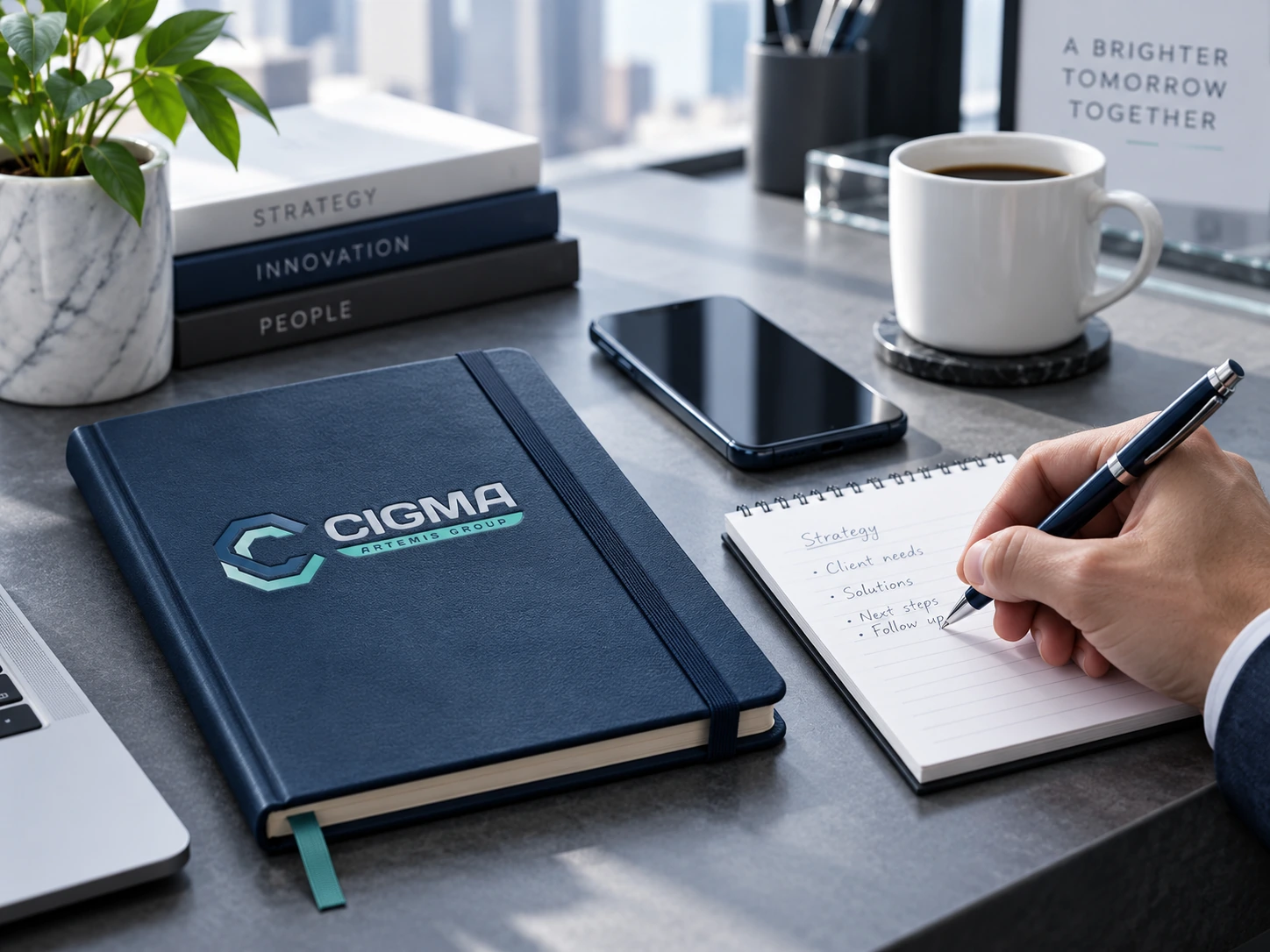 Cigma-branded notebook beside handwritten strategy notes on an office desk