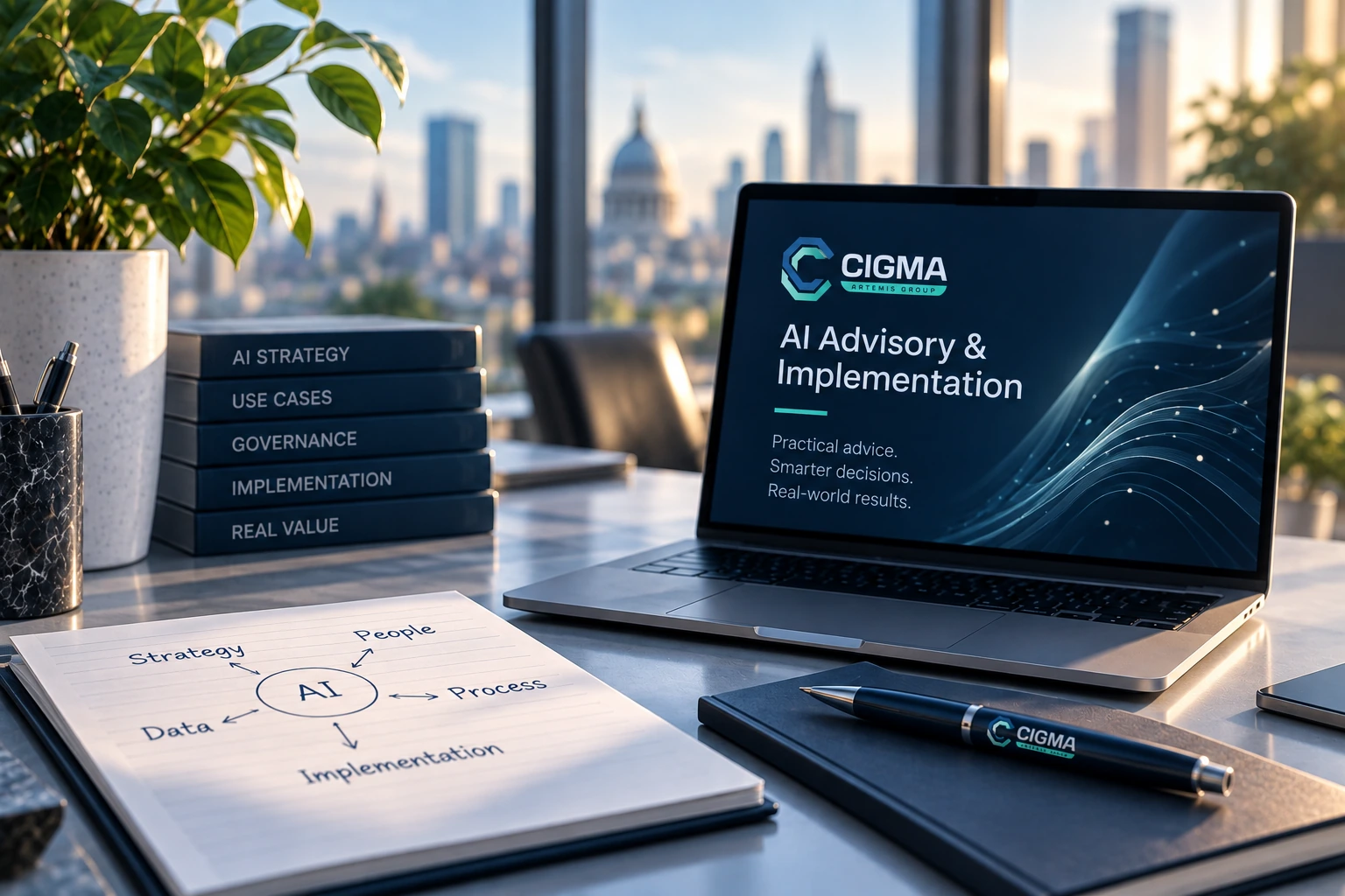 Cigma AI Advisory and Implementation laptop display beside an AI planning notebook