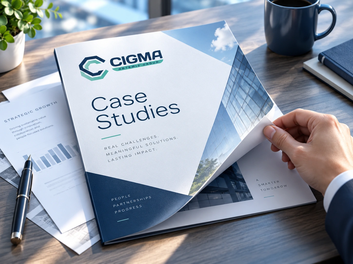 Cigma Case Studies brochure with the Cigma Artemis Group logo on a desk