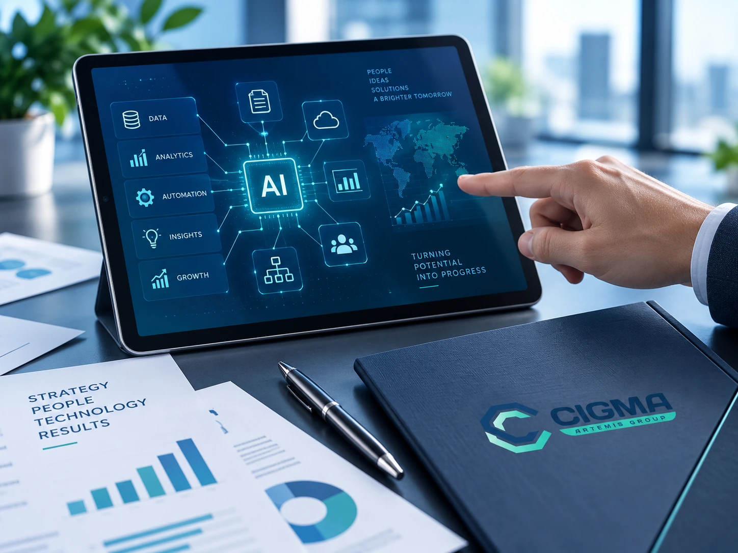 Tablet displaying AI and business insights beside a Cigma-branded notebook