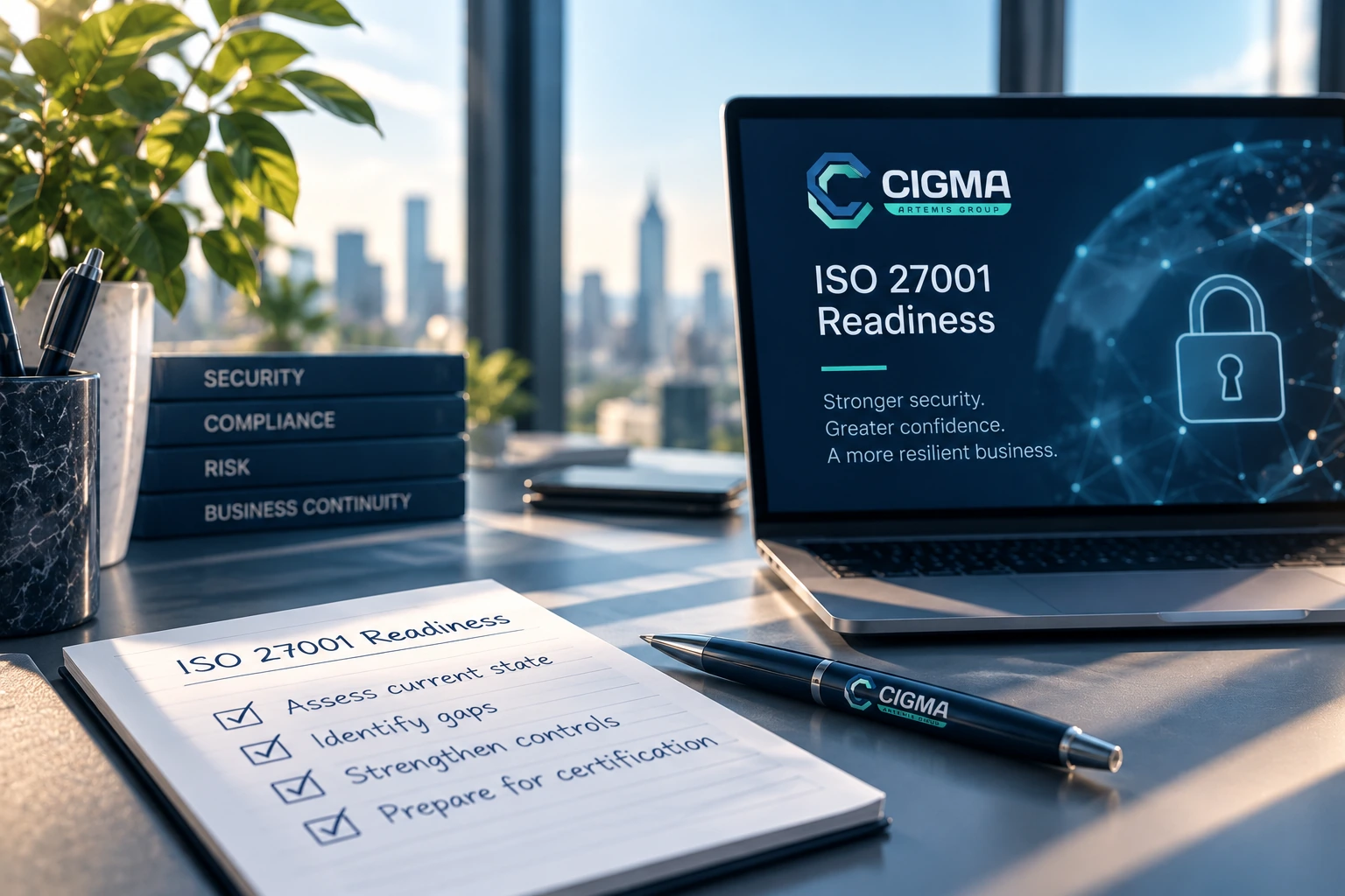 Cigma ISO 27001 Readiness laptop display beside a security readiness checklist