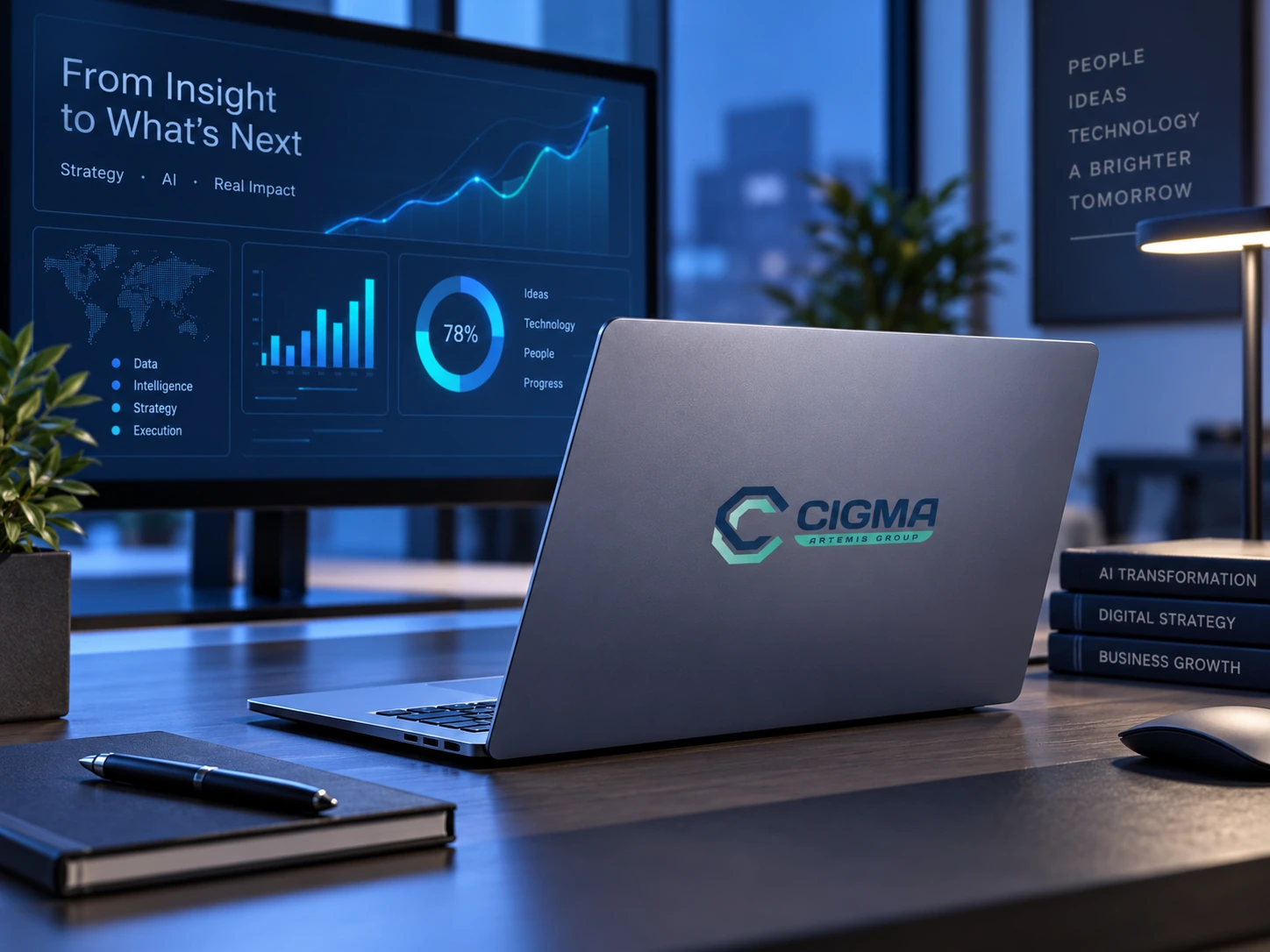 Cigma-branded laptop in front of technology strategy dashboards