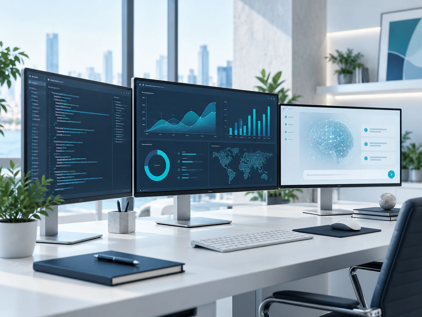 Technology dashboards and software tools on three office monitors